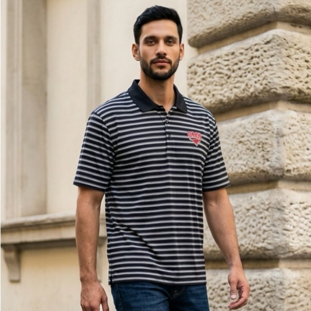 EUC Adidas Gold Men’s Striped Navy Polo Shirt SMU Embroidery on Front - Size 2XL